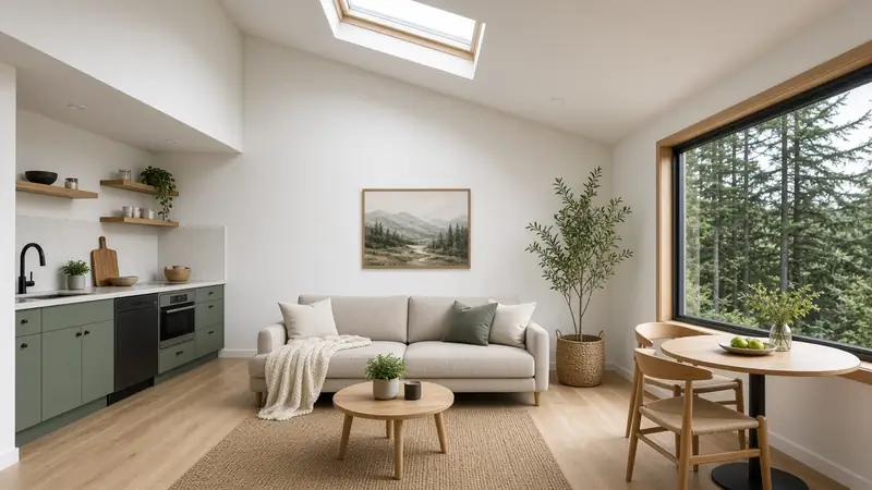 Illustrative: finished Bellevue accessory dwelling unit interior with sage kitchen cabinets, light wood floors, a sofa under a skylight, and a window looking into evergreen trees — not a real Board of Project Stewardship job photo