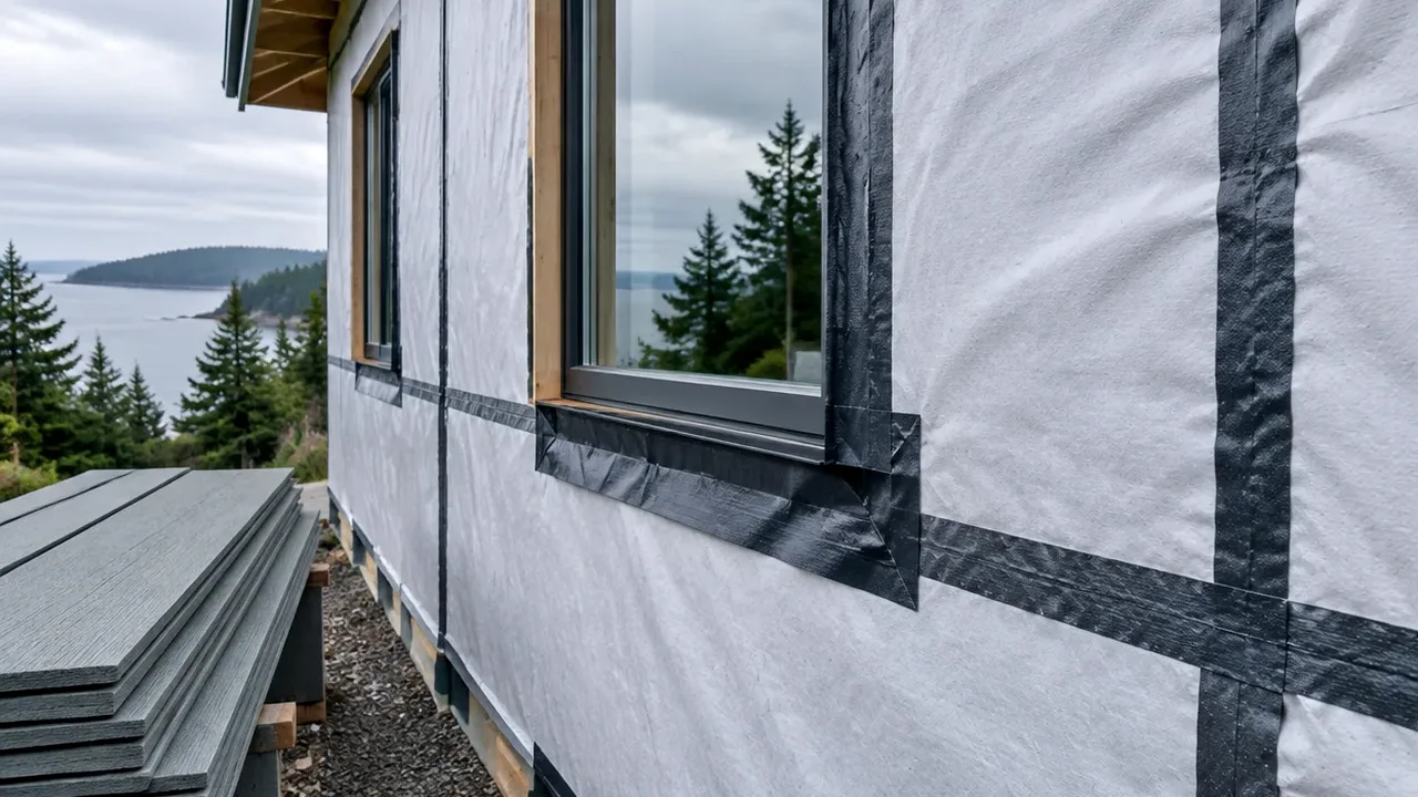 Illustrative: a house wall wrapped in weather-resistive barrier with dark flashing tape at the seams and around a window, the kind of layered wall a deck ledger must be flashed into — not a real Board of Project Stewardship job photo