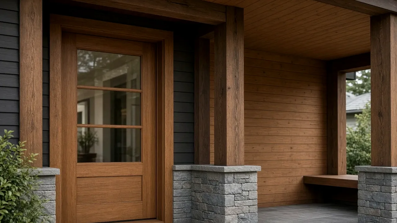 Illustrative: a covered entry porch with a stained wood door, wood ceiling, stone-clad column bases, and a built-in bench — a roof-covered porch like this always needs a permit — not a real Board of Project Stewardship job photo