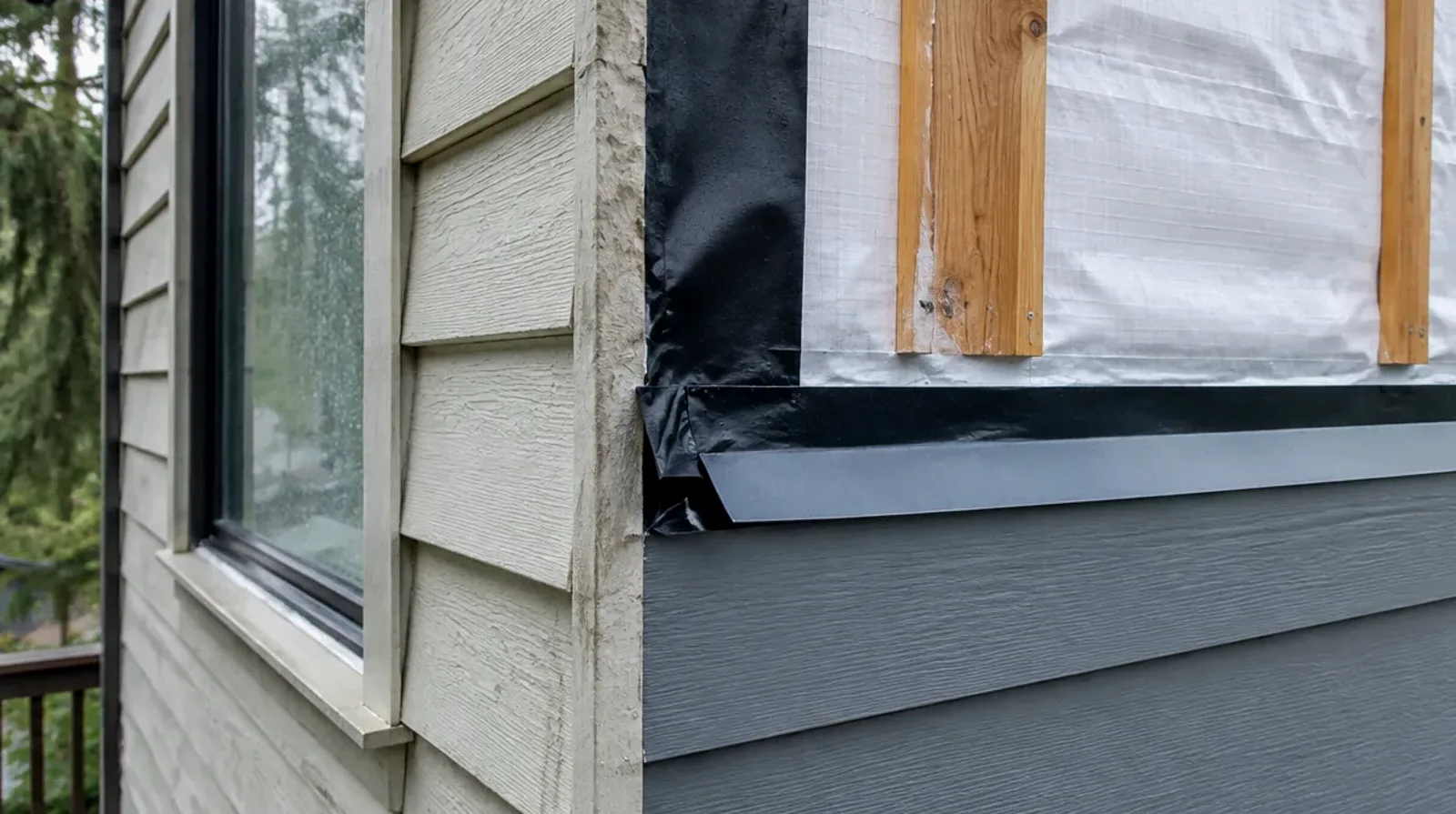 Illustrative: an exposed wood-framed wall with studs, sheathing, and a window opening during a remodel — the kind of framing a braced wall panel ties together — not a real Board of Project Stewardship job photo