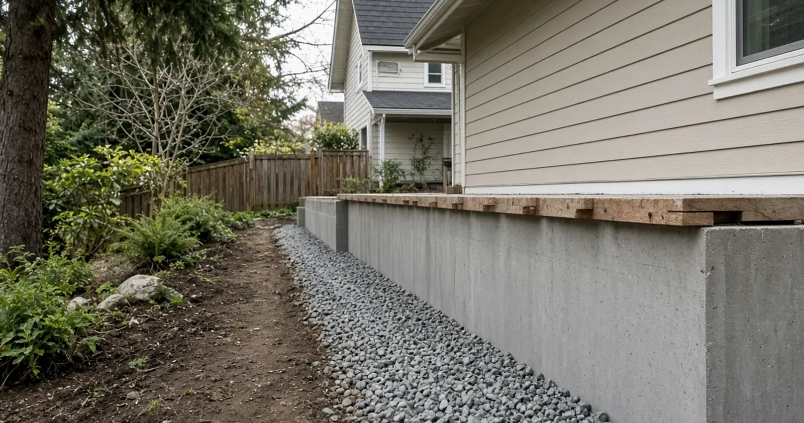 Illustrative: the side of a house showing an exposed concrete foundation wall below the siding line next to a narrow side yard — not a real Board of Project Stewardship job photo