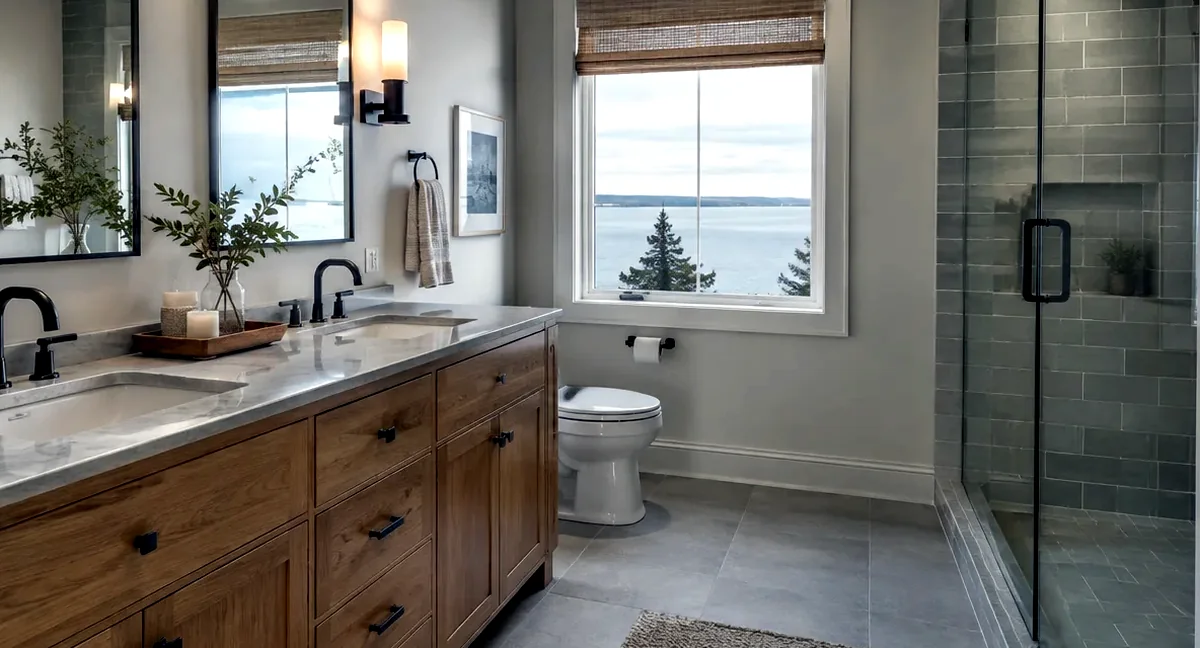 Illustrative: open wall framing and electrical rough-in during a bathroom remodel — the stage where GFCI circuits and exhaust fans get inspected — not a real Board of Project Stewardship job photo