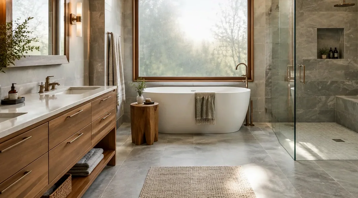 Illustrative: a shower niche and tiled wet wall under warm lighting — membrane continuity behind the tile matters more than the finish pattern — not a real Board of Project Stewardship job photo