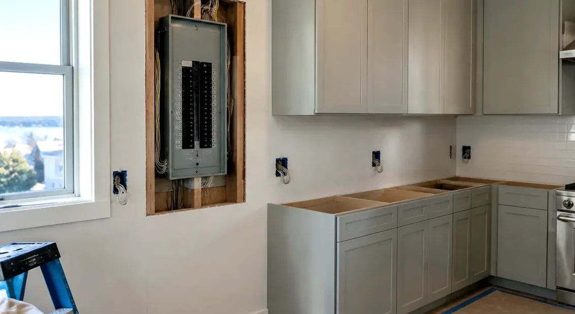 Illustrative: kitchen gutted to open framing with plumbing stub-outs, electrical boxes, and a range-hood duct chase ready for rough-in inspection — the Issaquah stage where City remodel and L&I electrical paths meet — not a real Board of Project Stewardship job photo