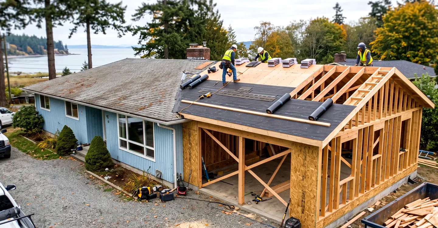 Illustrative: open framing and unfinished lower-level space ready for insulation, electrical rough-in, and City of Renton remodel review — not a real Board of Project Stewardship job photo