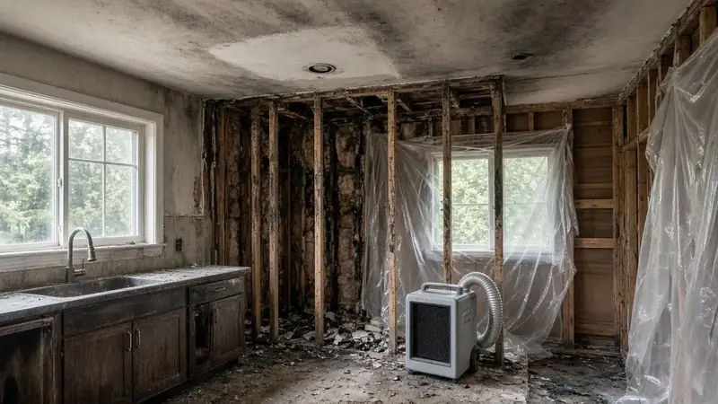 Illustrative: a fire- and smoke-damaged kitchen with exposed framing, a dehumidifier, and plastic sheeting