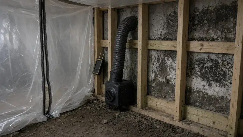 Illustrative: plastic containment, a negative-air duct, and mold on open wall framing during remediation