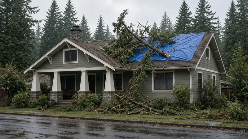 Illustrative: a windstorm-damaged Pacific Northwest house with a blue roof tarp and a fallen evergreen