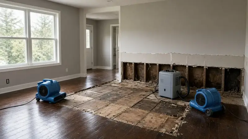 Illustrative: air movers and a dehumidifier drying a water-damaged hardwood floor in a Pacific Northwest living room