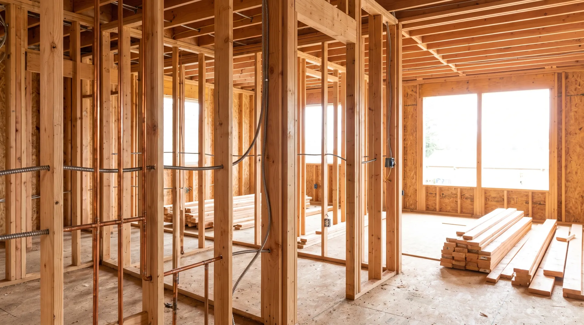 Stage 7: MEP rough-in — HVAC, plumbing, electrical in open walls