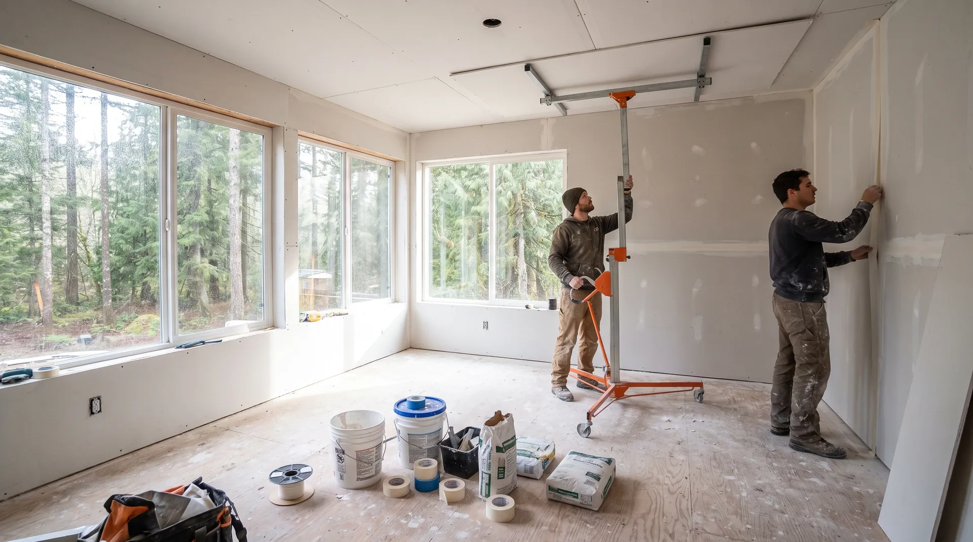 Stage 9: Drywall / paint — Hang, tape, texture, primer, paint